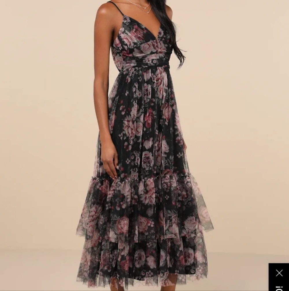 Lulu's Women's Black Dark Floral Mesh Overlay Formal Party Dress Whimsygoth Sz L - Picture 3 of 10